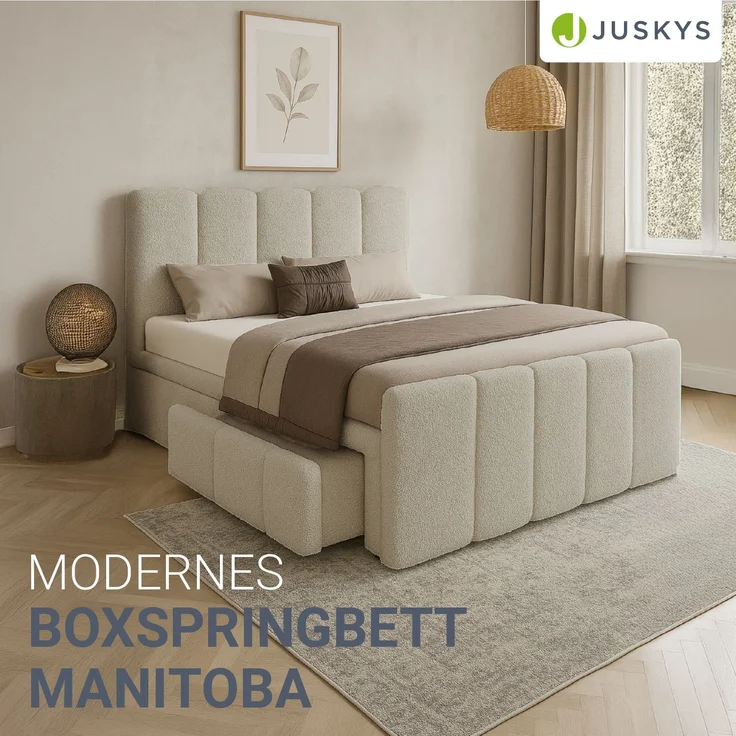 Juskys Boxspringbett Manitoba mit Bettkasten - Bouclé-Stoff, Gepolstertes Kopfteil mit Steppung & Stabile Konstruktion, Topper inklusive - Beige – Bild 2
