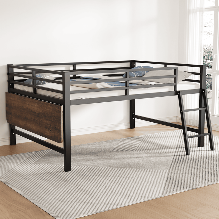 Merax 140 x 200 cm Kinderbett, Metallbett, Ohne Matratze, Geländer, Leiter, Schreibtisch, LED-Lichtband, Schwarz – Bild 7