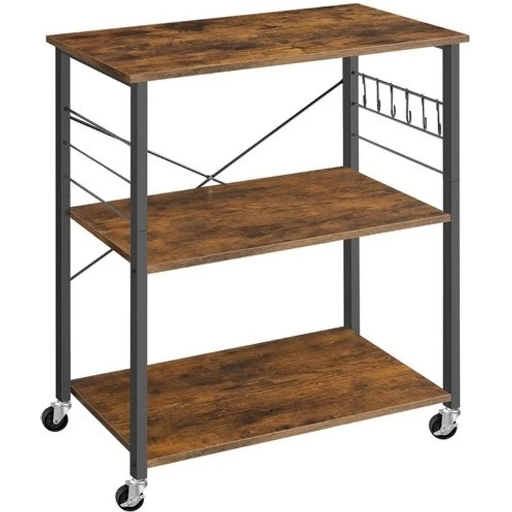 Vasagle Küchenregal auf Rollen, Servierwagen mit 3 Regalböden, Mikrowellenregal, für Minibackofen, Toaster, Wasserkocher, Metall, mit 6 Haken, Industrie-Design,40 x 80 x 82,5 cm (T x B x H), Vintagebraun-Schwarz von Songmics – Bild 1