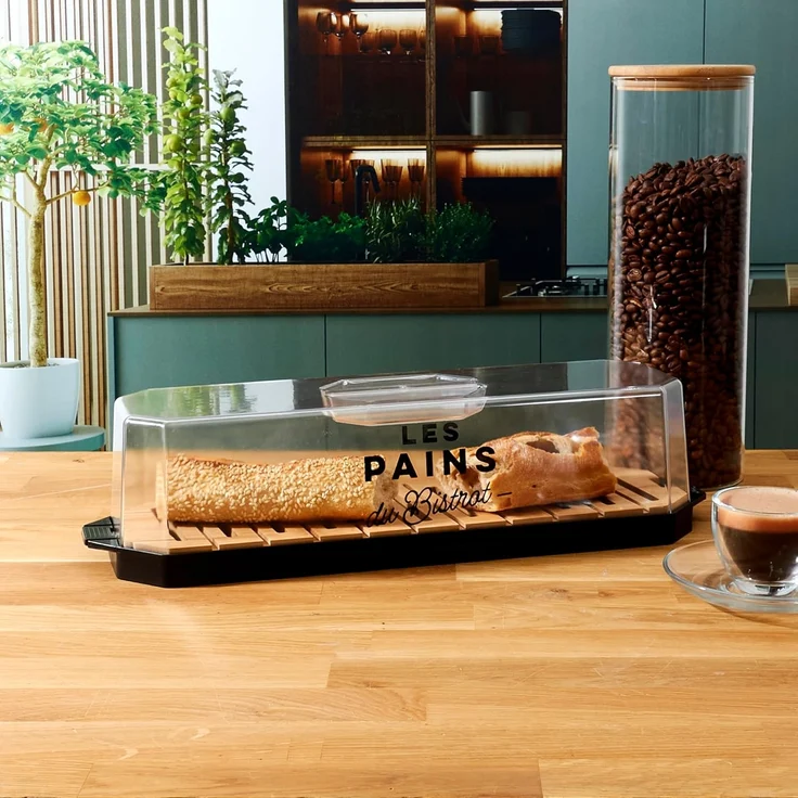 COOK CONCEPT, KA0644, Brotkasten mit transparentem Deckel und Holztablett, Elegantes Design zur optimalen Aufbewahrung von Brot und Gebäck – 403 x 97 x 121 cm, transparent schwarz – Bild 7