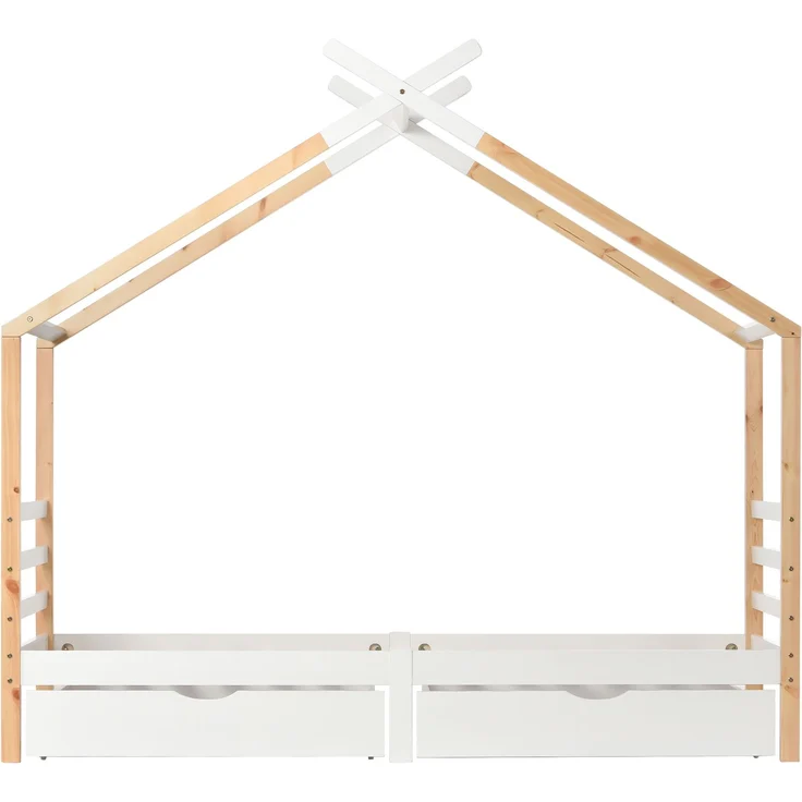 Merax Kinderbett Hausbett mit Schubladen, Massivholz mit Lattenrost, Kiefernholz Hausbett , Kinder und Jugendzimmer, weiß+holzfarbe (90x200cm) – Bild 9