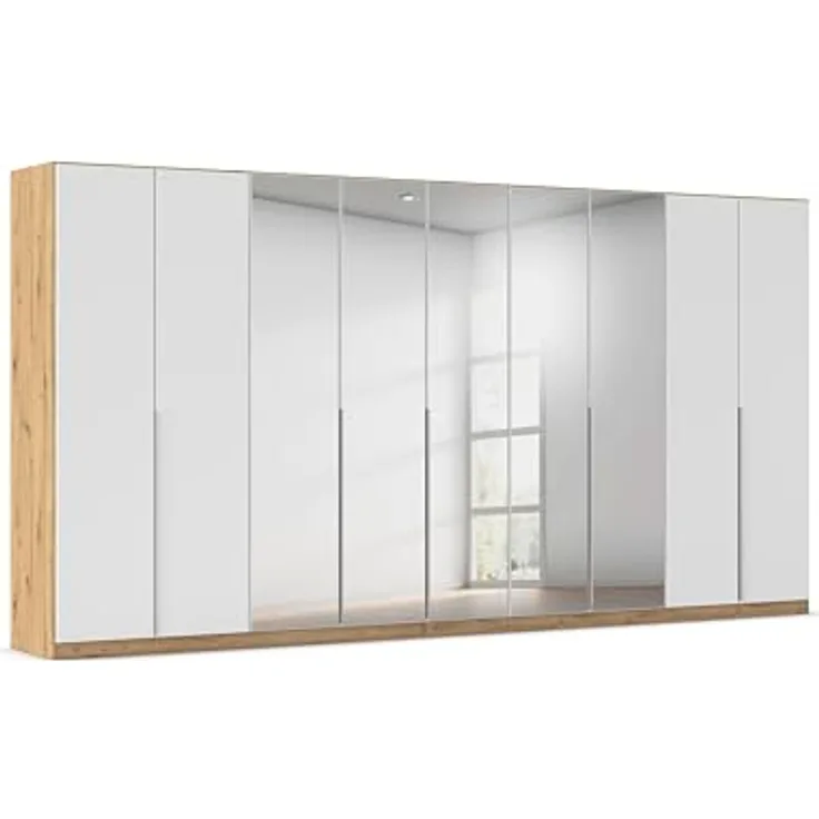 Rauch Möbel Alabama, Kleiderschrank für Schlafzimmer, Kinderzimmer, Wohnzimmer, Garderobe, Flur, 9-türig, Spiegel, mit Zubehör Basic, Farbe Weiß | Eiche Artisan, Breite 405 cm