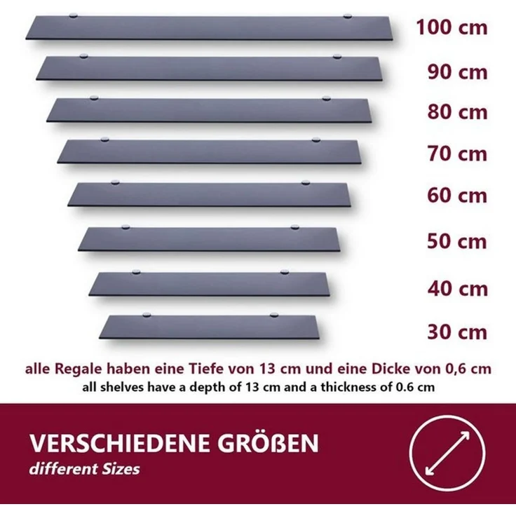 HOOZ Wandregal aus Sicherheitsglas mit Halterung - Schwarz - 50 x 13 x 0,6 cm, 1-tlg, mit geschliffenen Kanten – Bild 4