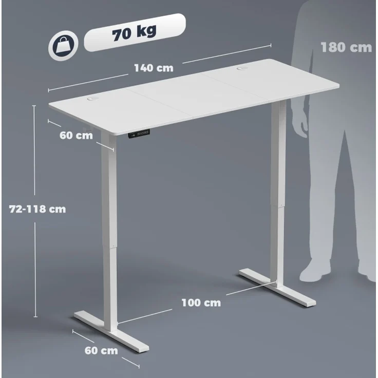 Schreibtisch aus MDF, elektrisch höhenverstellbar mit Memory-Funktion, 140x60x72–118 cm, Weiß – Bild 3