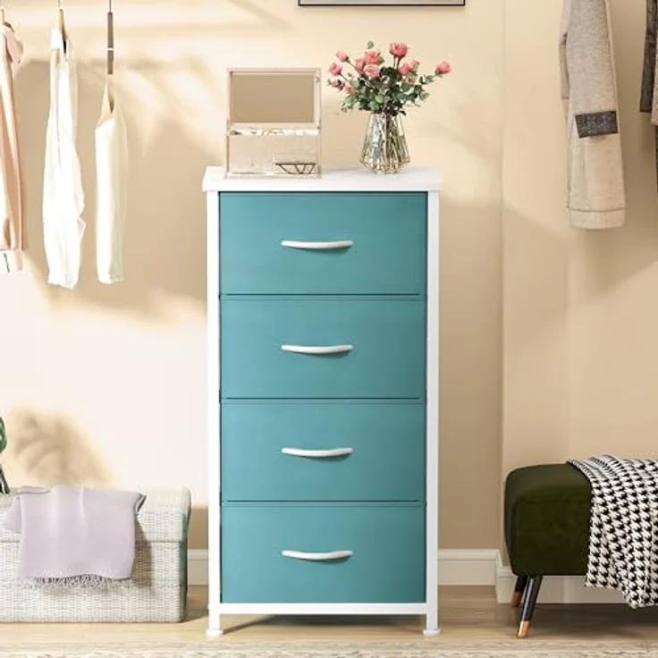 DWVO Kommode mit 4 Schubladen, Schrank aus Stoff mit Griffen, Metallgestell & MDF-Holzplatte, langlebig, für Schlafzimmer & Wohnzimmer,Grün – Bild 4