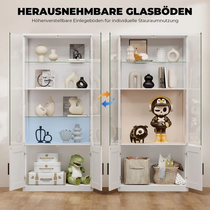 Glasvitrine 76x35x170 cm, 4-stöckige Vitrine mit Glastüren und verstellbaren Glasböden, LED-Beleuchtung und Sensor, Weiß – Bild 5