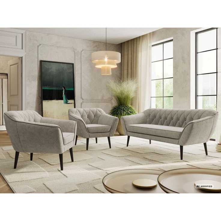 Wohnzimmerset PIRS 1-1-3, Skandinavisches 3-Sitzer Sofa mit Sesseln, Sofa mit Wellenfederung, schwarze Füße, Skandinavisches Möbelset - Beige Stukture – Bild 1