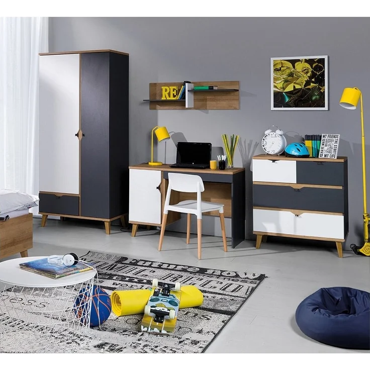 Lomadox Jugendzimmer-Set MARIBOR-132, (Sparset, 4-tlg), Kleiderschrank Schreibtisch Wandboard Kommode Eiche weiß graphit – Bild 1