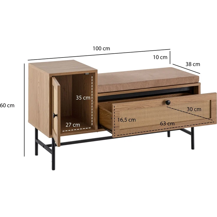 Schuhbank Eiche-Dekor Rattan gepolstert 100x60x38cm mit Stauraum Schublade Tür – Bild 3