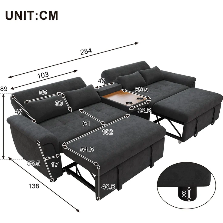 Merax U-förmiges Schlafsofa, ausziehbar, Doppel-Schlafauszug, verstellbare Rückenlehne, Haustierbereich, Couchtisch mit 2 Becherhaltern, 4 Kissen, Chenille, Dunkelgrau, 284×138×89 cm – Bild 4