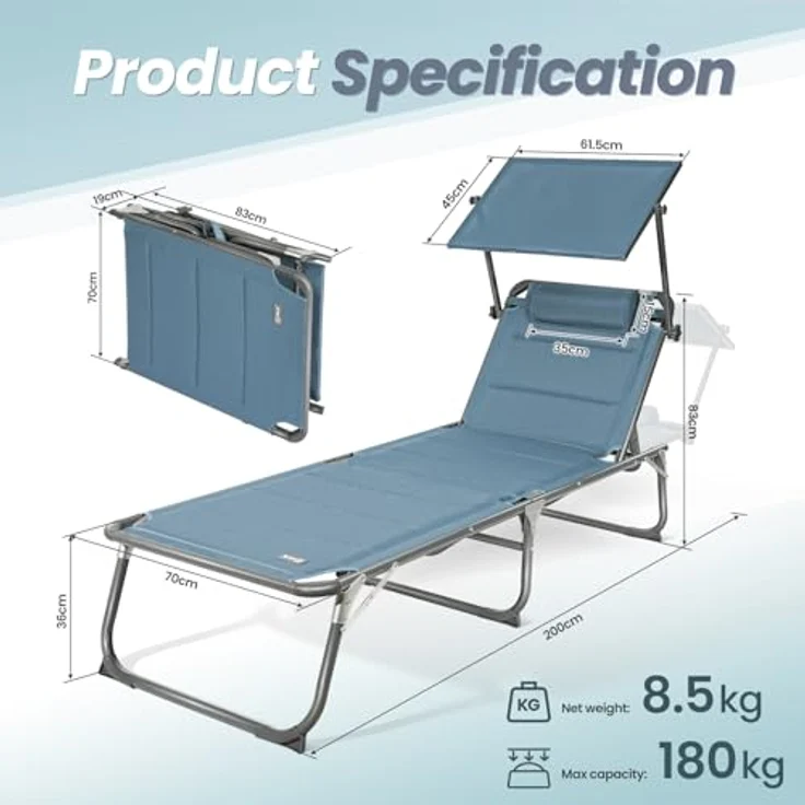 Homecall Sonnenliege mit Dach, schnell trocknender Schaumstoff, XXL, 200x70 cm - (Blau) – Bild 4