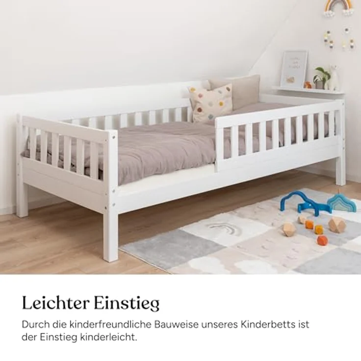 Ehrenkind Kinderbett mit Rausfallschutz aus massivem Kieferholz, Kinderbett 90x200 cm (zeitlos, hochwertig und auch für ältere Kinder geeignet, aus FSC zertifiziertem Holz), Jugendbett, Kinderbett mit Rausfallschutz – Bild 5