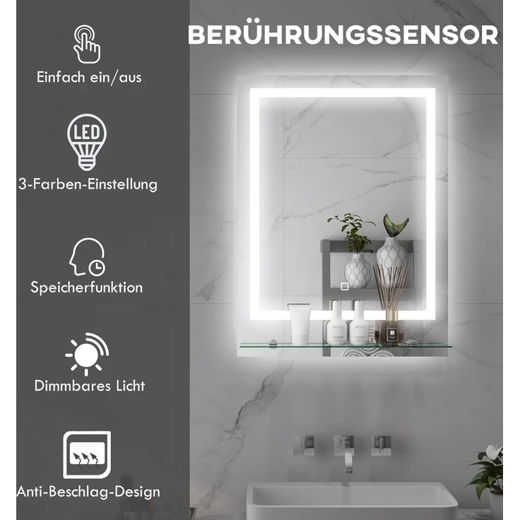 Kleankin Spiegel mit Beleuchtung, Touch-Schalter, Memory-Funktion (Wandspiegel, 1-St, Badezimmerspiegel), mit Anti-Beschlag, 70 x 50 cm – Bild 3