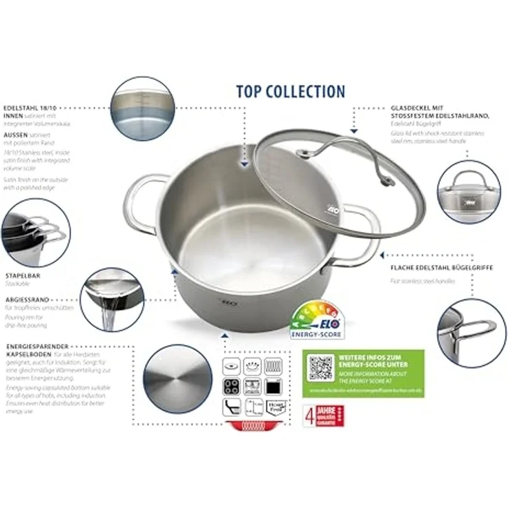 Elo Topf-Set Top Collection, Edelstahl 18/10 (Set, 9-tlg, je 1 Fleischtopf 16/20/24 cm, Bratentopf 20 cm, Stielkasserolle 16 cm), Induktion – Bild 2