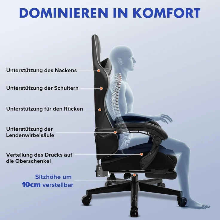 Gaming Stuhl Fußstütze Lendenkissen 150kg Grau – Bild 4