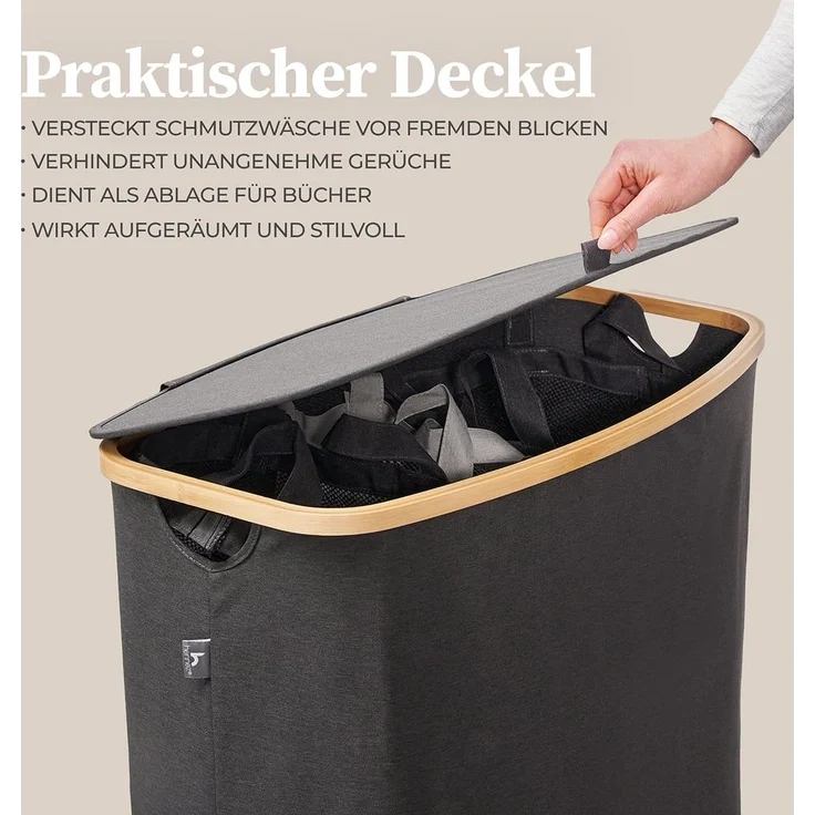 HENNEZ Wäschekorb Wäschebox 150L - Wäschekorb 3 Fächer mit Deckel, Wäschesortierer mit Wäschesack, schwarz Bambus – Bild 6