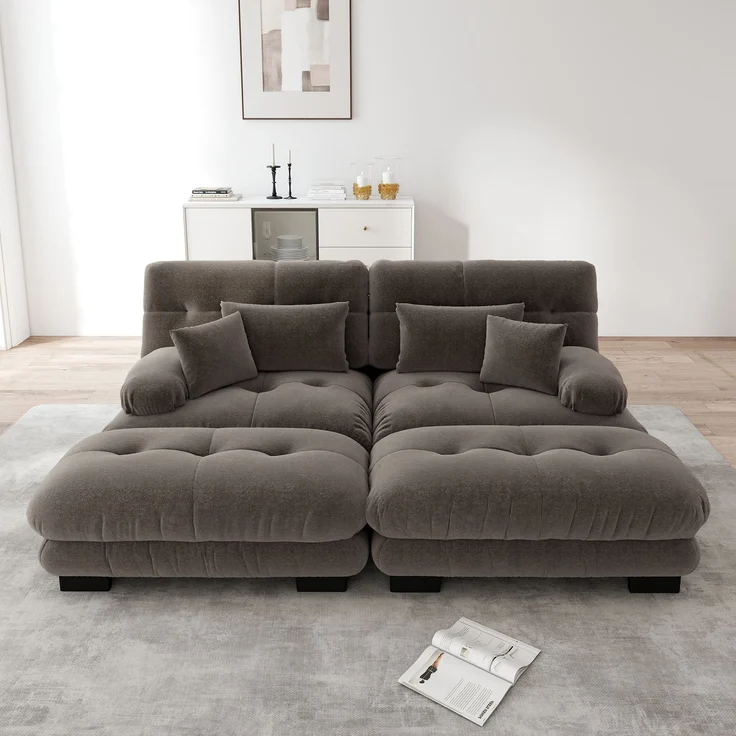 EINHOM Cloud Ecksofa für Wohnzimmer, Chenille Doppelsofa mit 2 Lendenkissen und 2 Dekokissen, Polstersofa mit breiten Armlehnen und 2 Ottomans, Chenille Braun – Bild 4