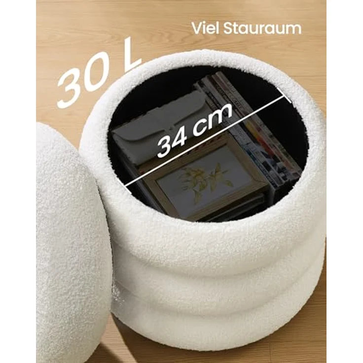 SONGMICS Schminkhocker, Hocker mit Stauraum, runder Sitzhocker, Polsterhocker, Fußhocker, Deckel abnehmbar, Wohnzimmer Schlafzimmer Flur, einfacher Aufbau, 43x47 cm, Fleece, weiß LOM015WD01 – Bild 2