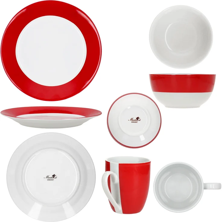 18tlg Frühstücksset Variant Rot Porzellan 6 Personen Teller Schale Becher – Bild 8
