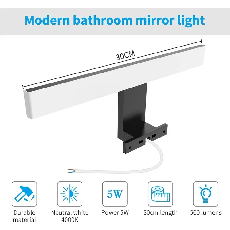 Aourow LED Spiegelleuchte Bad 5W,300mm 500lm Spiegellampe Badezimmer,Neutralweiß 4000K IP44 Wasserdicht Badlampe Spiegel 230V Spiegelschrank Beleuchtung KLASSE II(Schwarz) – Bild 2