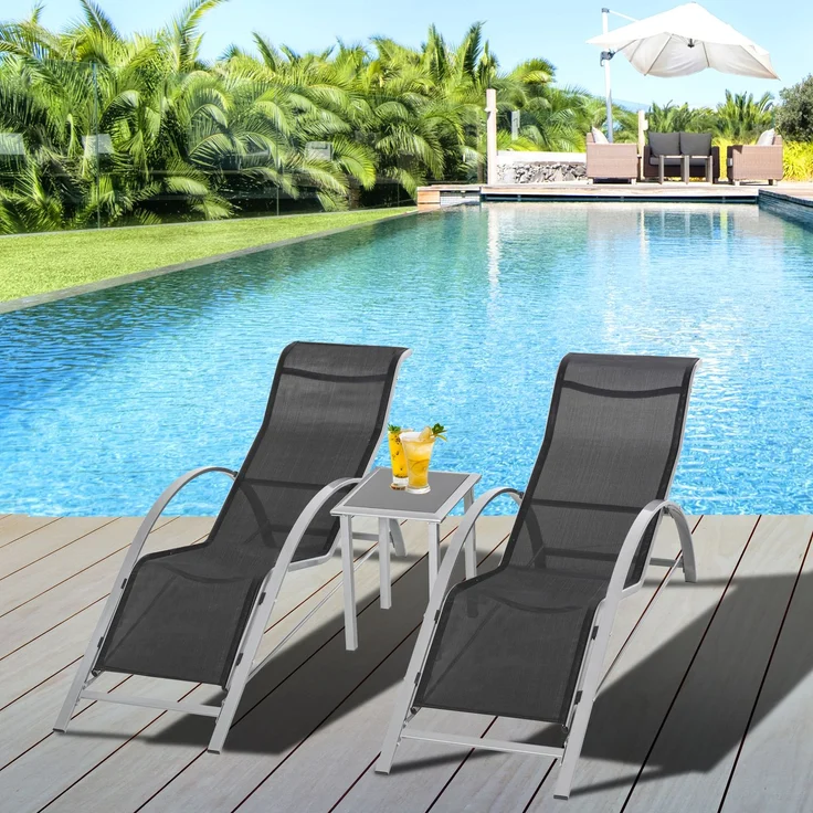 JARDJ Gartenliege Set Metall Mesh 3-TLG Sonnenliege mit Teetisch Gartengarnitur mit 2 Sonnenliegen, 1 Beistelltisch Gartensitzgruppe für Garten, Balkon 59B x 169T x 66H cm Schwarz+Silber – Bild 3