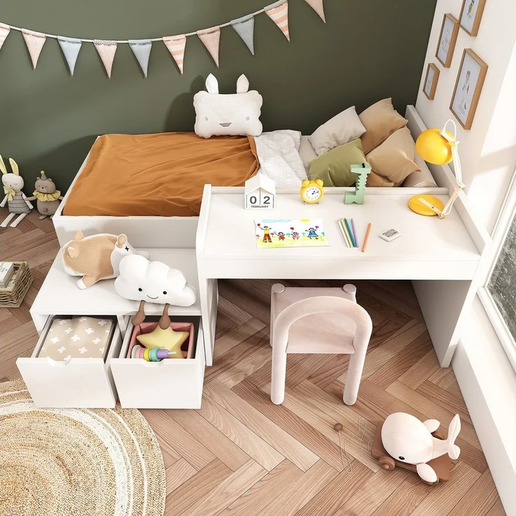 Flieks Kinderbett, Massivholzbett Einzelbett 90x200cm mit Schreibtisch und 2 Schubladen – Bild 2