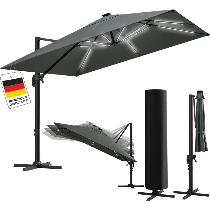 STEELSØN 'Elaris' Premium Sonnenschirm 300x300 cm quadratisch mit LED, neigbar und 360-Grad drehbar, anthrazit, Ampelschirm inkl. Hülle, extrem robuste Metall-Stange, 220 g/m² Polyester, UV50+ – Bild 1