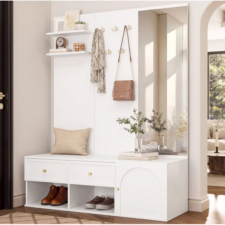 Garderobenset 120 x 35 x 159 cm in Weiß mit Spiegel, 5 Haken, Schubladen und Ablagefächern – Bild 1