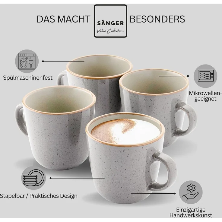 SÄNGER Becher Set Rio, 4-tlg, Steingut, 4 tlg. Rio Perlgrau Kaffeebecher, Grau, Handmade, VALUE COLLECTION – Bild 3