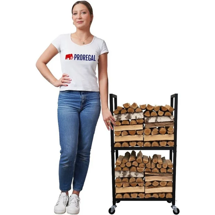 PROREGAL® Kaminholzregal PHOENIX mit Rollen & 2 Ebenen 82x44x28cm Metall Schwarz Holzständer, BxTxH:44x28x82 cm, Holzständer Holzhalter Kaminholzständer Brennholzregal – Bild 4