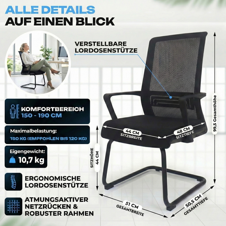 VALKENSTOL K1 - Besucherstuhl Freischwinger Schwarz mit Armlehne - Konferenzstuhl - Bürostuhl ohne Rollen - 1er Pack – Bild 4