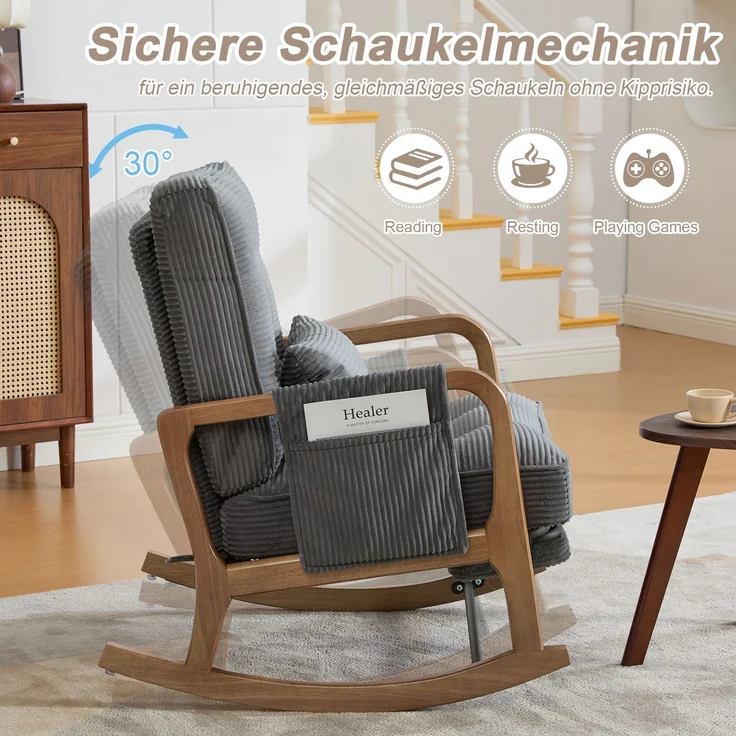 LVHOM Schaukelstuhl mit ausziehbarer Fußstütze, Relaxsessel mit verstellbare Rückenlehne, Loungesessel mit Seitentasche, bis 150 kg belastbar, Grau – Bild 8