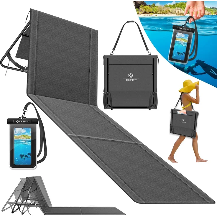 KESSER® Klappbare Strandmatte mit Verstellbarer Rückenlehne – Faltbare Strandliege mit Tragegurt, wasserdichter Tasche & Aufbewahrung – Sonnenliege für Strand, Garten & Terrasse 130 kg belastbar