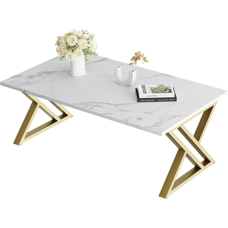 Couchtisch Holz Marmor Weiß Gold Metallgestell 100x48x55 cm – Bild 1