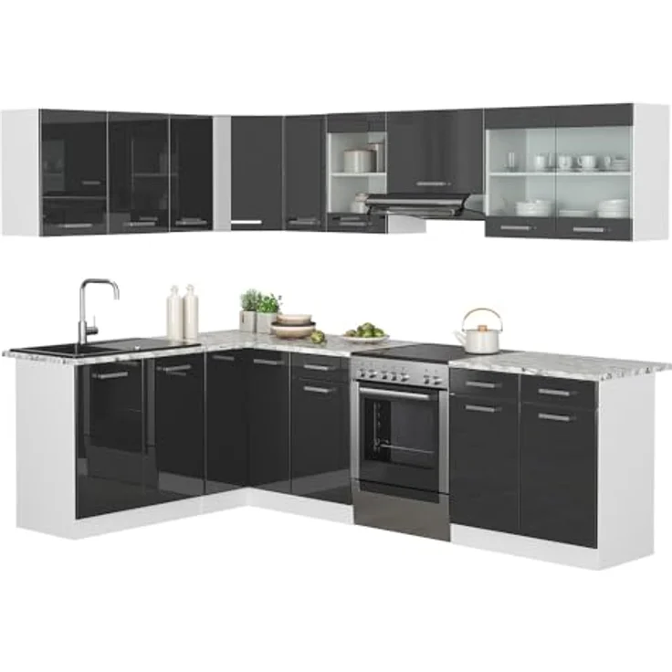 Eckküche Rick Anthrazit Hochglanz/Weiß 270 x 60 cm , AP Marmor mit LED-Leisten Vicco – Bild 10