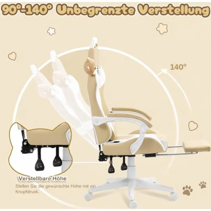 Dowinx Gaming Stuhl - Süße Hund Edition - Ergonomischer Computerstuhl mit Hoher Rückenlehne und Lendenwirbelstütze, PU-Leder, Fußstütze, Hund – Bild 8