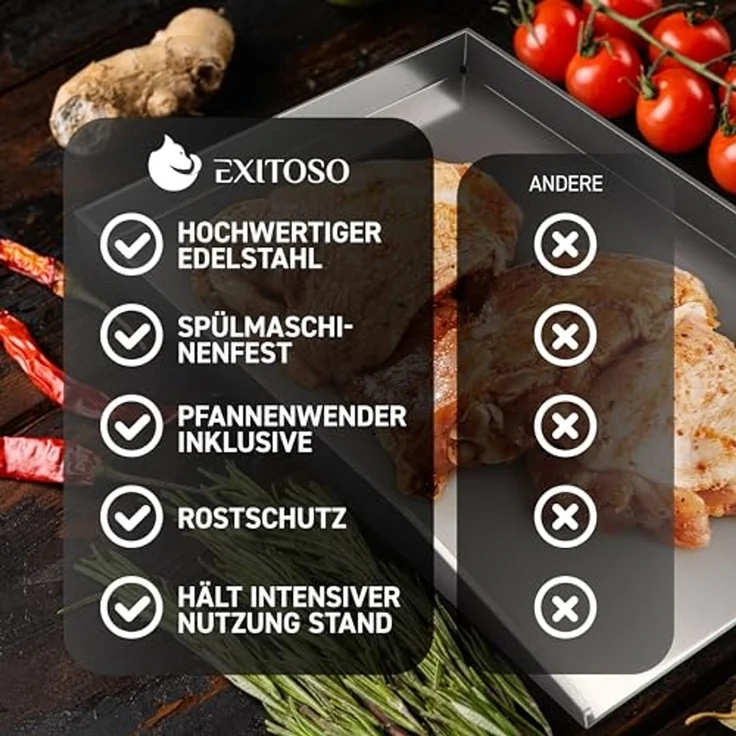 Exitoso Grillplatte 30x40 cm | Plancha Mit Grillspachtel | Gasgrill Aus Dickem & Rostfreiem Edelstahl | 4mm Dicke | Universalgröße – Bild 5