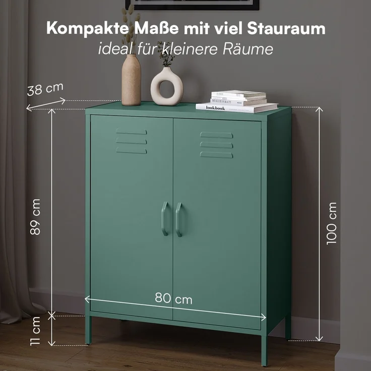 skølm 'Atria' Metallkommode, dunkelgrün, 100x38x80 cm, Metallschrank mit 3 Fächern – Bild 6