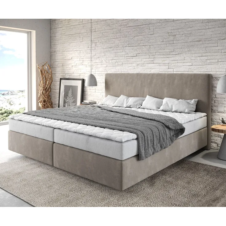 Boxspringbett Dream-Well Mikrofaser Beige 200x200 cm Bonell-Matratze PU-Topper