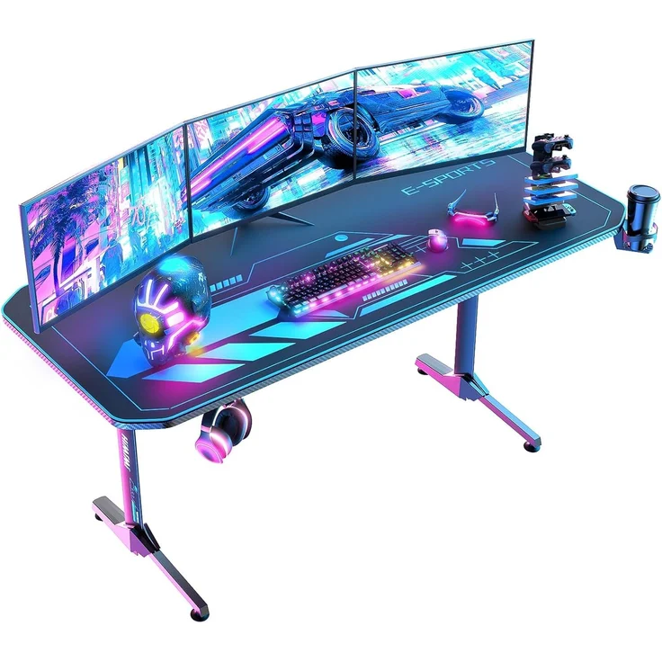 Himimi 160cm Gaming Schreibtisch, 160 x 75 x 75 cm Ergonomischer Trust Gaming Tisch, T-Form PC Gamer Computertisch mit großer pad, Becherhalter, Kopfhörerhaken, Kabelmanagement & Gaming Griffgestell – Bild 1