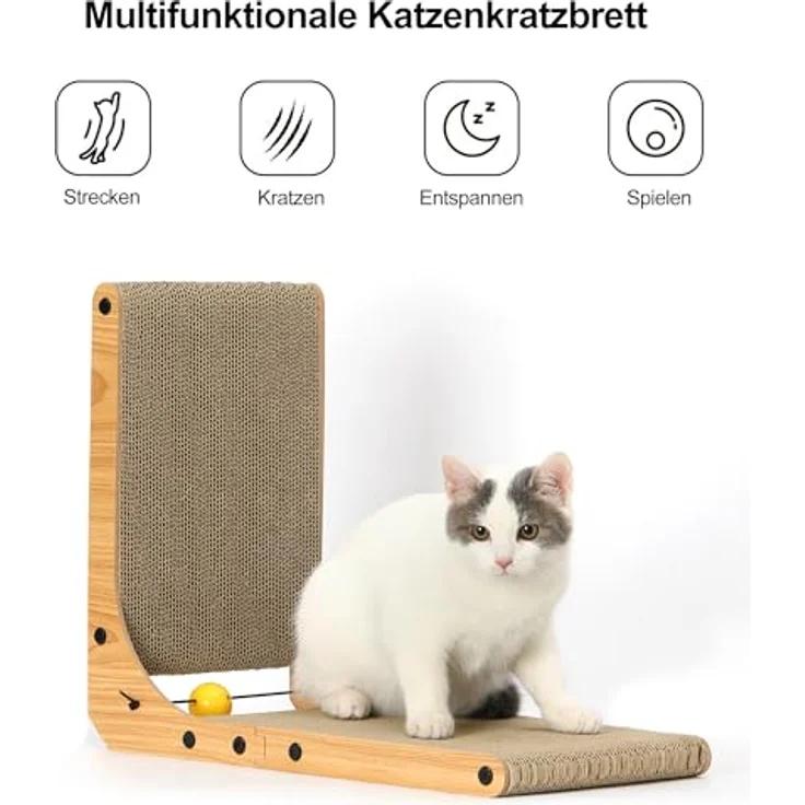 FUKUMARU Kratzbrett Katzen, 48 cm hohe L förmige Kratzpappe, widerstandsfähig Katzenkratzbrett mit Ballspielzeug, Katzen Kratzmöbel aus hochwertiger Karton für Wand und Ecke, Mittlere Größe – Bild 3
