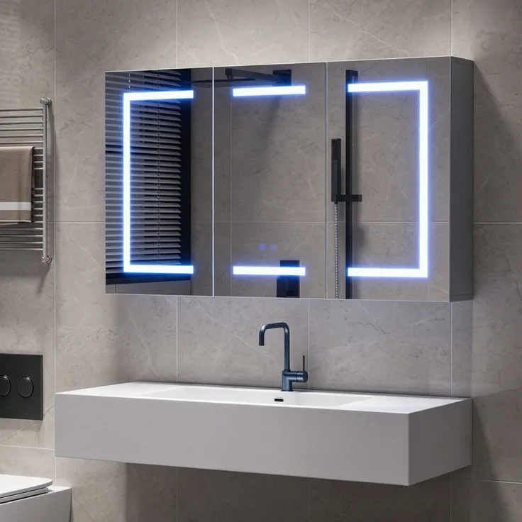 Simurq Spiegelschrank Badezimmerspiegelschrank 3 türig Hängeschrank mit LED Beleuchtung (3 Farbtemperaturen Dimmbar) Badspiegelschrank 100 x 13,5 x 60 cm mit Steckdosen, Anti-Fog