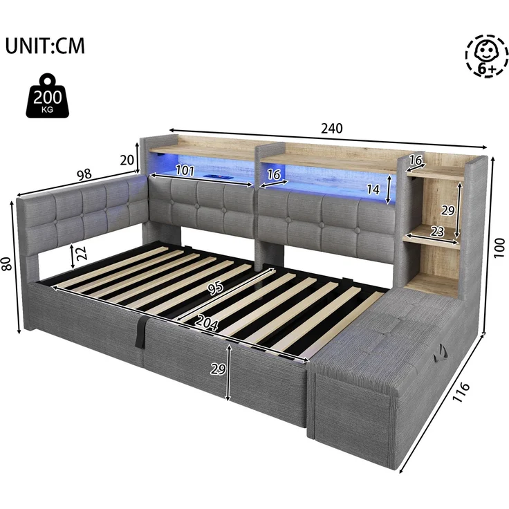 Tagesbett, Daybett, Schlafsofa, 90 × 200 cm, mit hydraulischer Lagerung, USB- und Typ-C-Anschlüssen, Ablagefach, Stauraumbank am Fußende, LED-Lichtleiste, Ohne Matratze, Velvet, Dunkelgrau – Bild 8