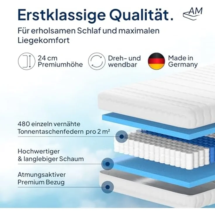 AM Qualitätsmatratzen Hochwertige 7-Zonen Taschenfederkernmatratze, H5 extra fest, Höhe 24 cm, 90x200 cm – Bild 3