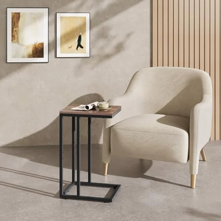 WLIVE Beistelltisch C Form, Nachttisch für Schlafzimmer, Wohnzimmer, Beistelltische mit Metallrahmen, Wohnzimmer Tisch für Couch, Sofatisch Braun – Bild 3