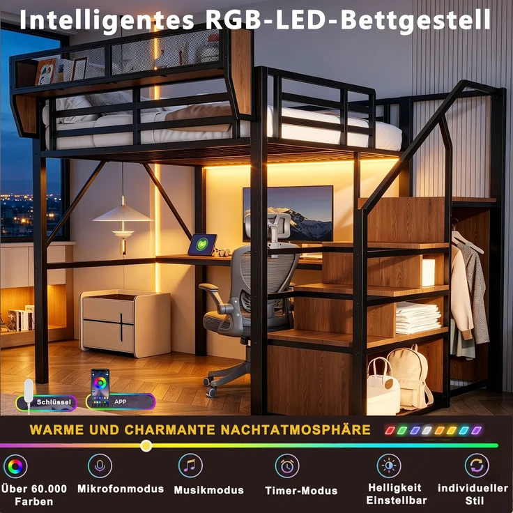 EINHOM Hochbett (140 x 200 Cm), Metallbett mit LED-Lichtleiste, Langem Schreibtisch, Sicherheitsleiter und Flexiblem Stauraum, Universelles Metallbett für Erwachsene und Kinder, Schwarz (Ohne Matratze) – Bild 6
