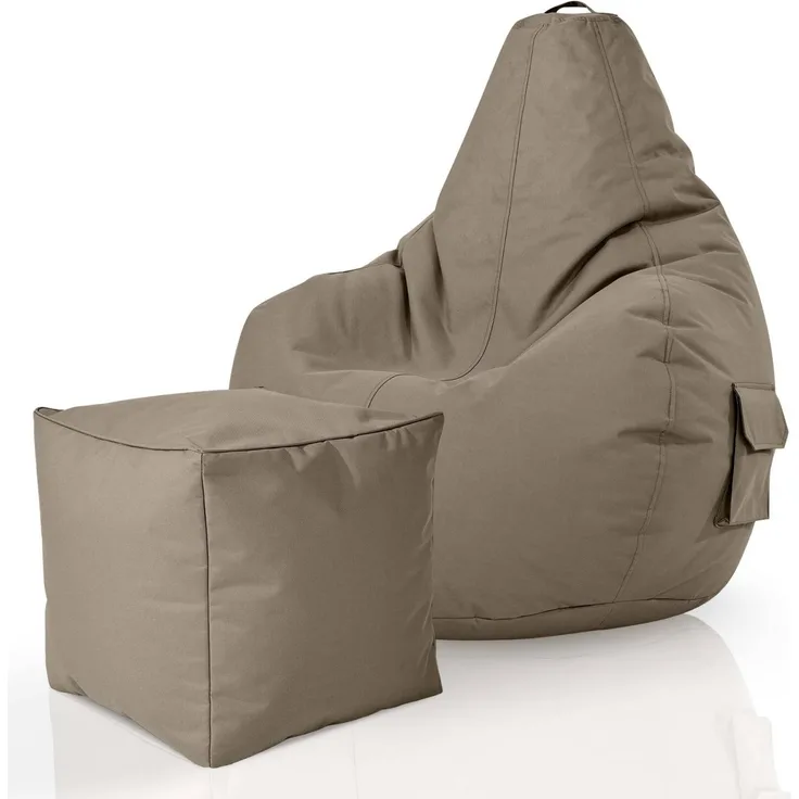 Green Bean® Bean Bag-Sitzsack + Hocker, 2er-Set, waschbar & schmutzabweisend, Polyester / PVC, EPS-Füllung, Khaki