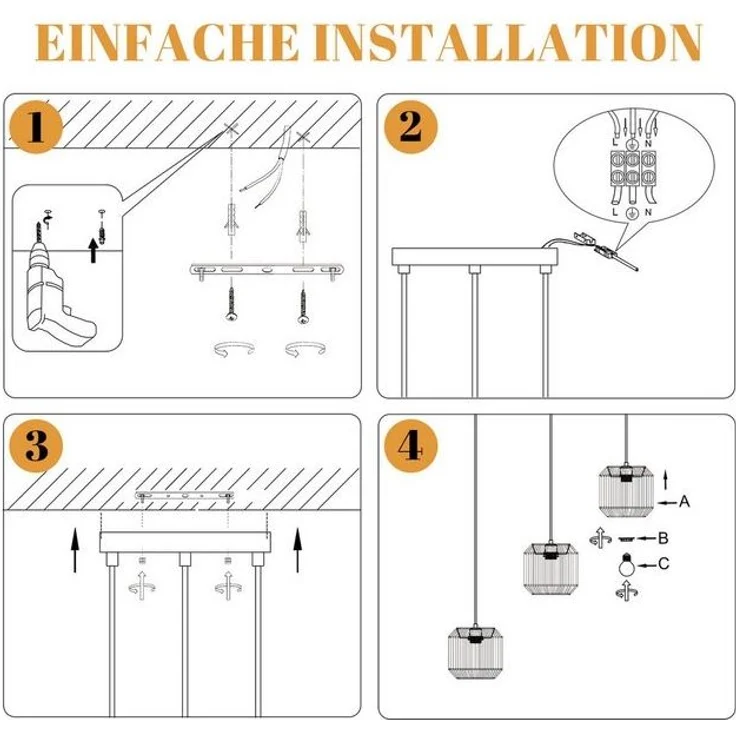 Nettlife Pendelleuchte Rattan 3 flammig Höhenverstellbar Boho E27 Hängeleuchte, Ballonflecht, Ohne Leuchtmittel, für Schlafzimmer Wohnzimmer/Ohne Leuchtmittel – Bild 4