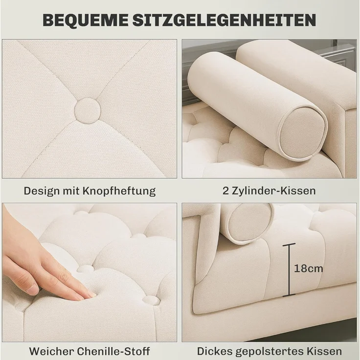 HOMCOM Polsterbank Sitzbank Chenille-Bezug, Armlehne, für Schlafzimmer, Wohnzimmer, Flur 115 x 44 x 58 cm Beige – Bild 4
