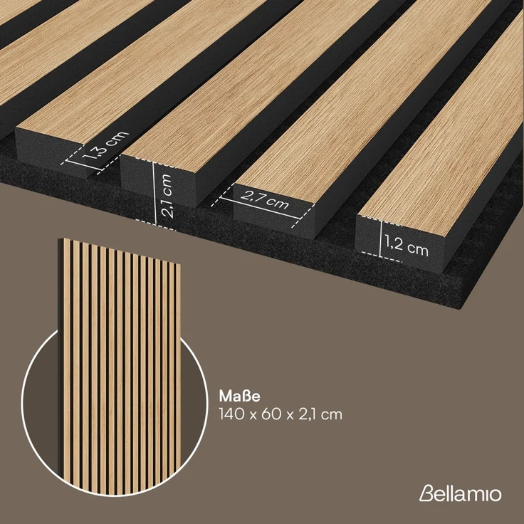 Bellamio 'Kilwa' 3D Akustikpaneele, Holzoptik Eiche, Echtholzfurnier und MDF, 110x60x2,1 cm, Wandpaneele mit Schallschutz, 4er Set – Bild 7